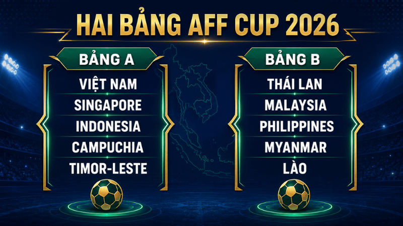 Hai bảng đấu AFF Cup 2026 với Việt Nam ở bảng A và Thái Lan ở bảng B