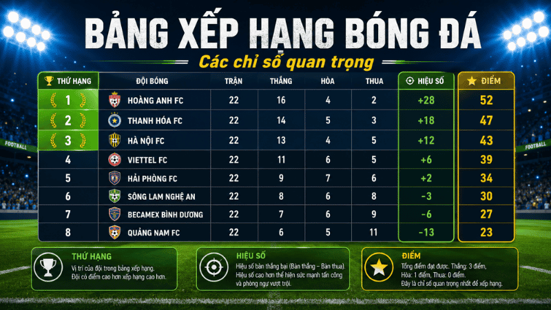 Bảng xếp hạng bóng đá và các chỉ số quan trọng