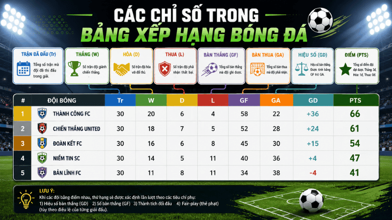 Các chỉ số trong bảng xếp hạng bóng đá
