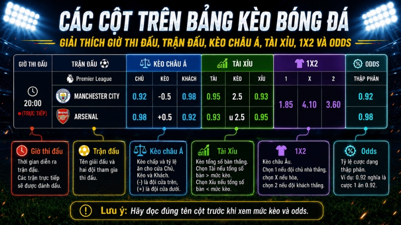 Giải thích các cột và ký hiệu trên bảng kèo bóng đá