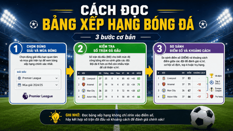 Cách đọc bảng xếp hạng bóng đá chính xác