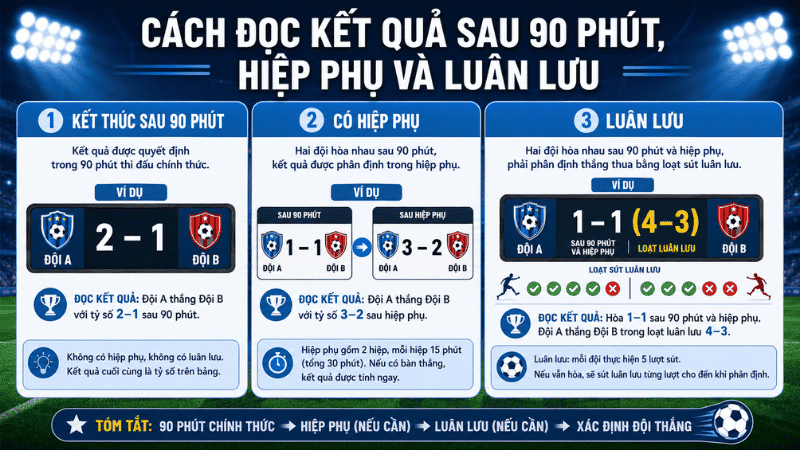 Cách đọc kết quả bóng đá sau 90 phút hiệp phụ và luân lưu