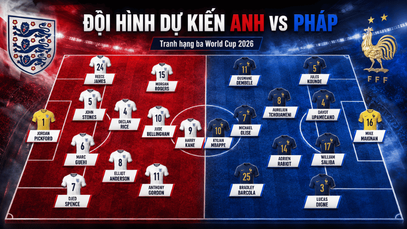 Đội hình dự kiến Anh vs Pháp ngày 19 tháng 7 năm 2026