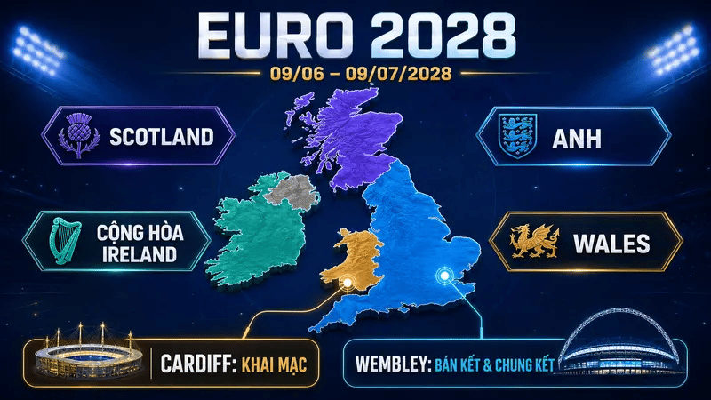 Bốn quốc gia đăng cai EURO 2028 gồm Anh, Scotland, Wales và Cộng hòa Ireland