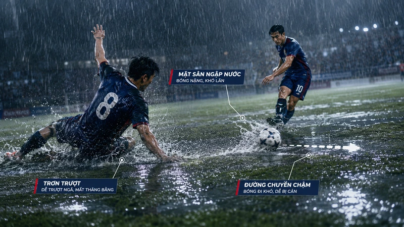 Mưa lớn và mặt sân ướt ảnh hưởng đến trận bóng đá