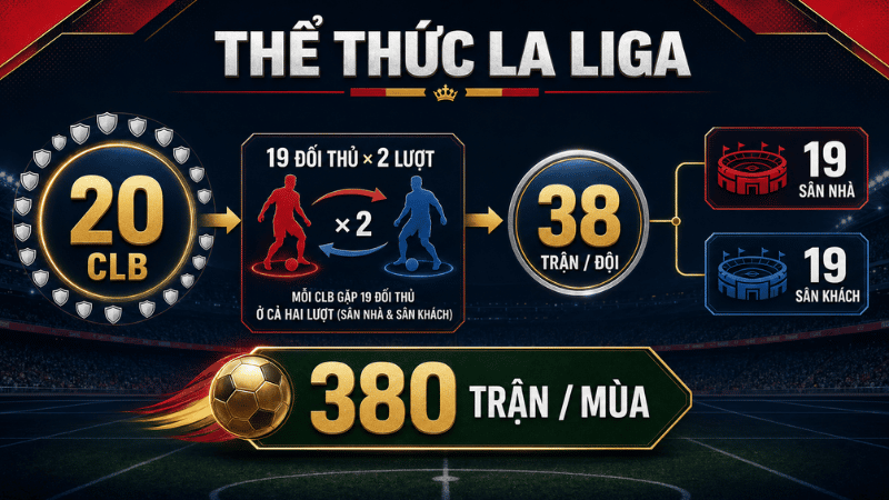 Sơ đồ thể thức La Liga gồm 20 câu lạc bộ và 38 trận mỗi đội