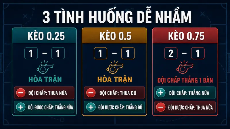 Ba tình huống dễ nhầm khi tính kèo 0.25, 0.5 và 0.75